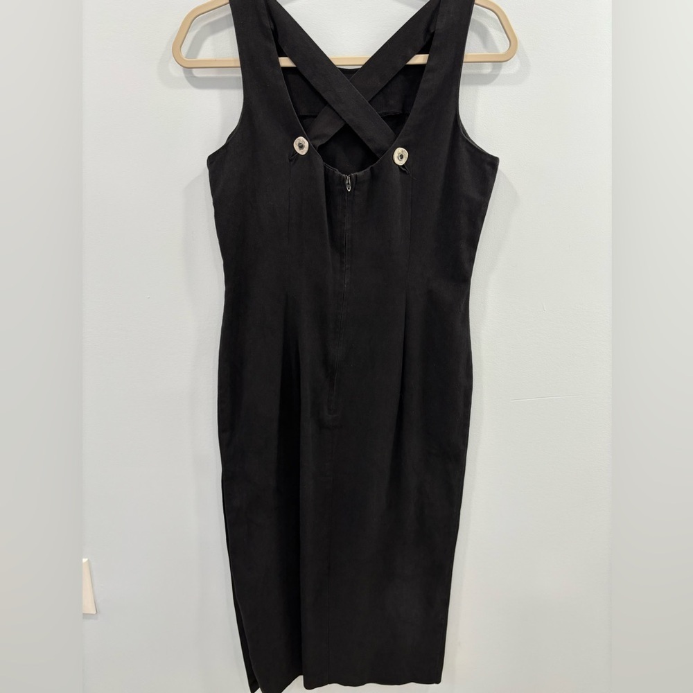Vintage 90s Michael Angela Collections Black Midi Dress  Size 6 Criss Cross Back